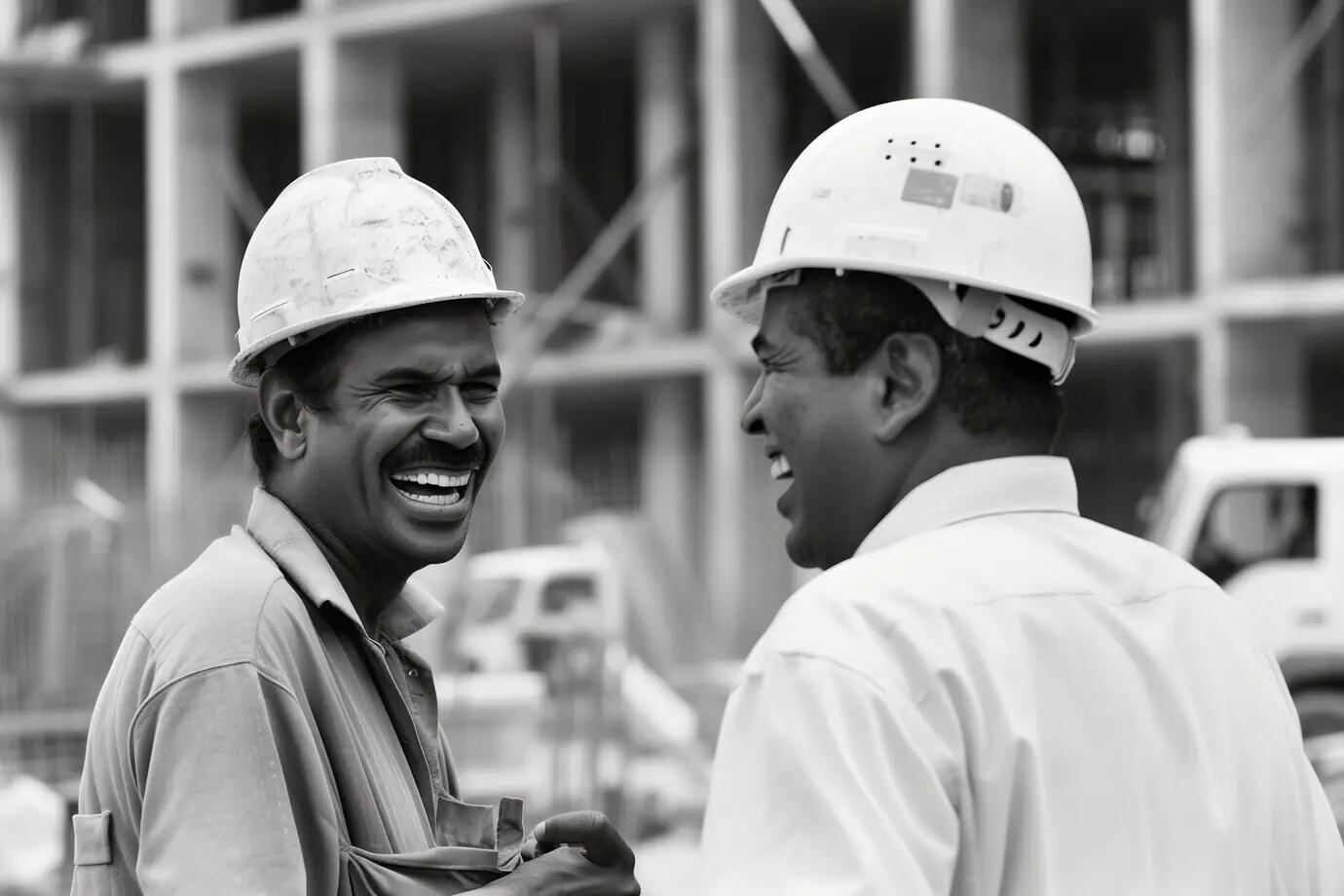 Eine Schwarz-Weiß-Szene, die das Leben von Bauarbeitern auf der Baustelle darstellt.