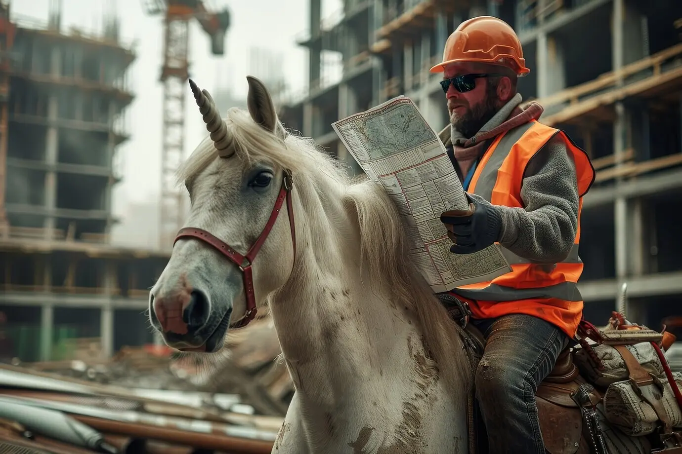 Filmisches Porträt eines Mannes mit einem mystisch-surrealen Einhorn.