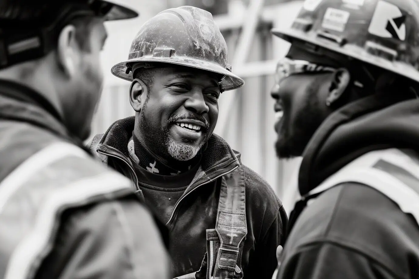 Schwarz-Weiß-Szene, die das Leben von Bauarbeitern auf der Baustelle zeigt.